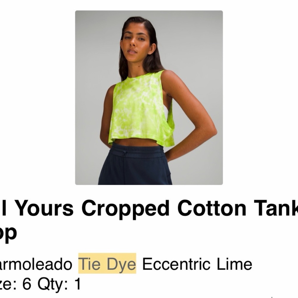 Lululemon Lime Tie Dye Cropped Tank Top